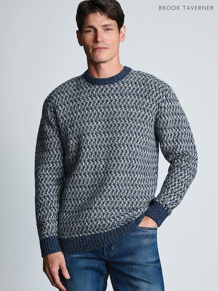 Blue - Regular Brook Taverner Nep Textured Lambswool Crew Neck Jumper