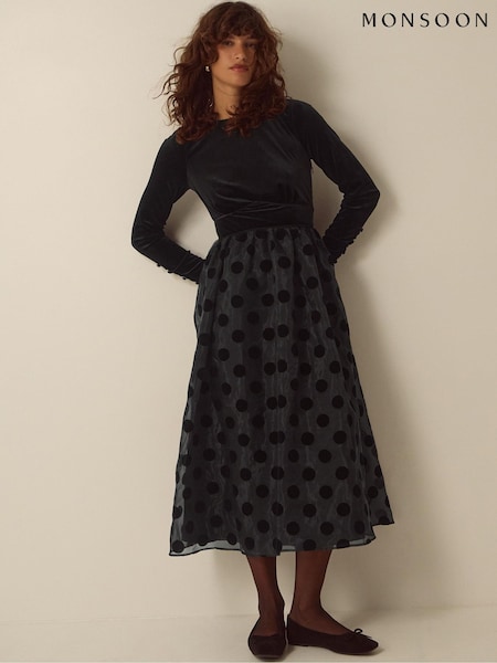 Black - Monsoon Viana Polka Dot Velvet Midi Dress
