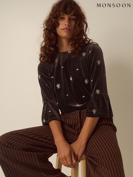 Brown - Monsoon Emilee Flute Sleeve Embroidered Velvet Top