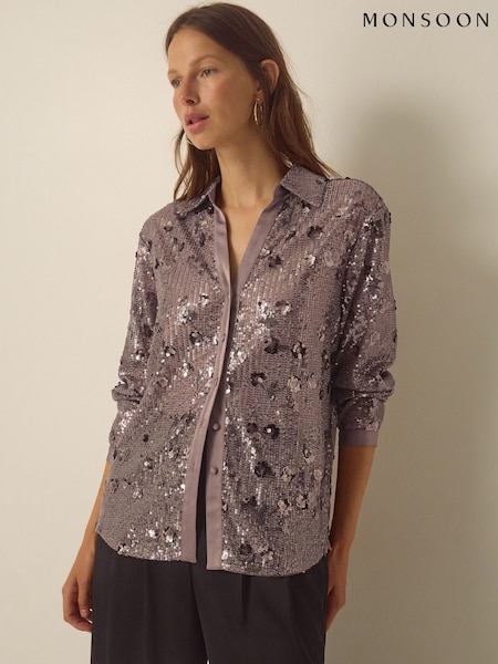 بني - Monsoon Seema Long Sleeve Sequin Shirt