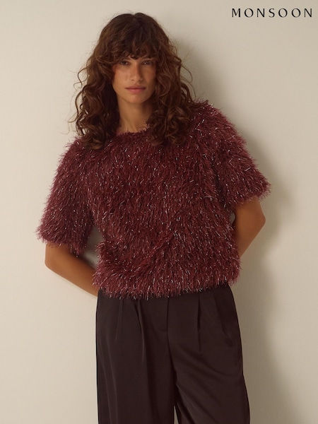 أحمر - Monsoon Terri Short Sleeve Fringe Top