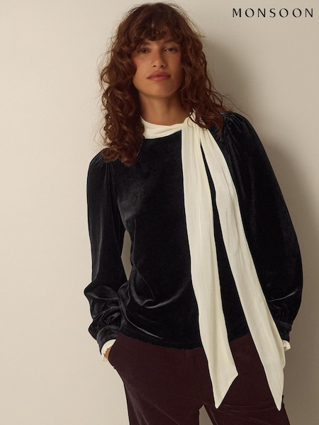 Black - Monsoon Tia Tie Neck Velvet Top