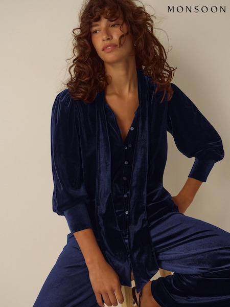Blue - Monsoon Tessa Neck Tie Velvet Shirt