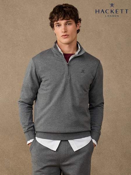 Grey - Regular Hackett Branded Cotton Quarter Zip Sweat Top