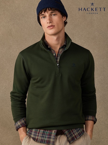 Green - Regular Hackett Branded Cotton Quarter Zip Sweat Top
