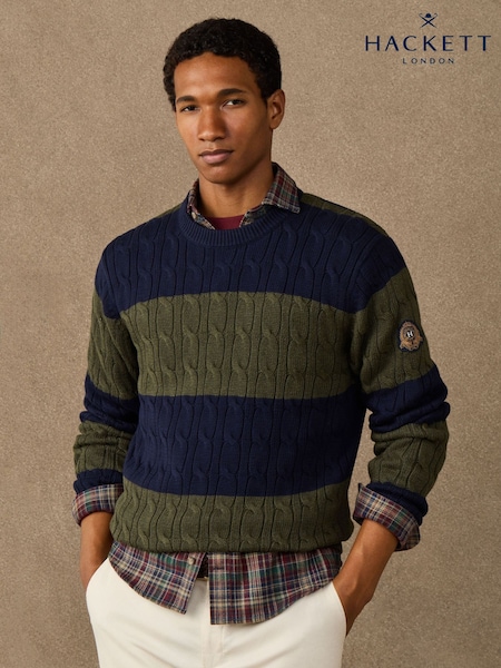 Blue - Regular Hackett Cotton Striped Cable Knit Crew Neck Jumper
