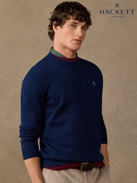 Albastru - Regular Hackett Cotton Branded Crew Neck Jumper