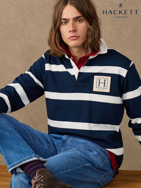 Blue - Regular Hackett Classic Fit Branded Striped Rugby Polo Shirt