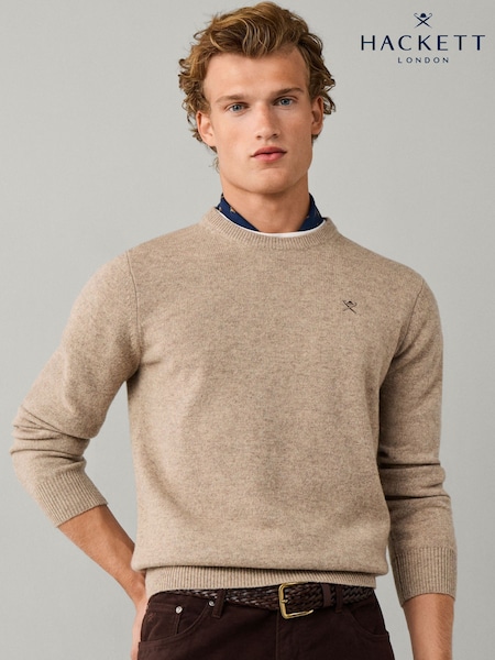 Brown - Regular Hackett Lambswool Crew Neck Jumper