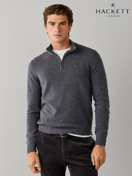 Grey - Regular Hackett Lambswool Quarter Zip Jumper