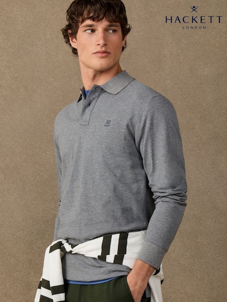Gris - Regular Hackett Classic Fit Long Sleeve Branded Polo Shirt