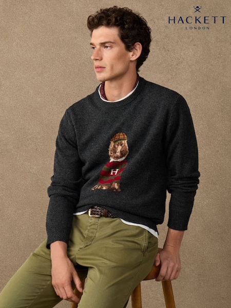 אפור - Regular Hackett Merino Wool Harry Crew Neck Jumper