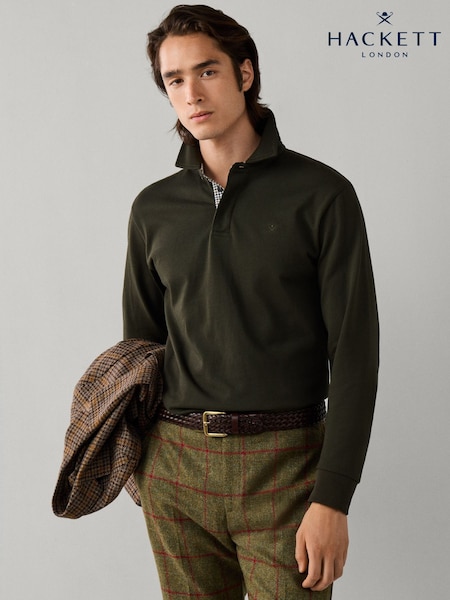 Green - Regular Hackett Classic Fit Tattersall Trim Rugby Shirt