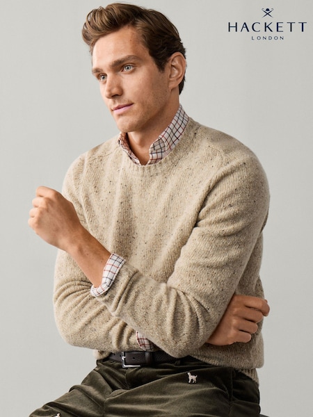 Brown - Regular Hackett Merino Wool Donegal Crew Neck Jumper