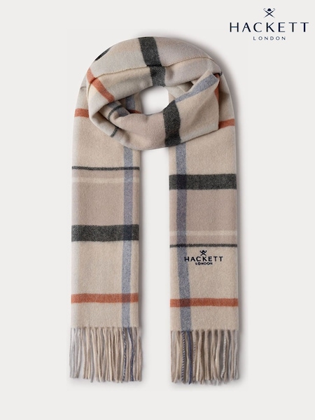 Brown - Regular Hackett Wool-cashmere Branded Plaid Scarf