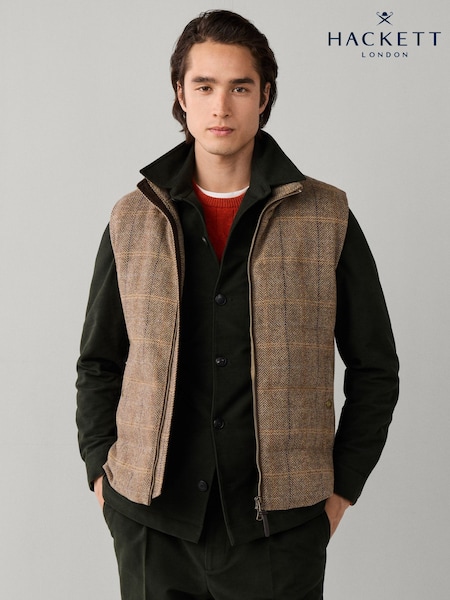 Καφετί - Regular Hackett Wool Blend Tattersall Padded Gilet