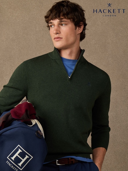 Grön - Regular Hackett Cotton Branded Quarter Zip Jumper
