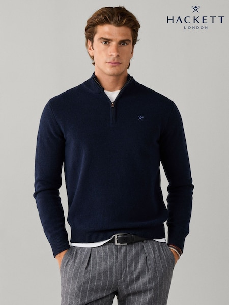 Blue - Regular Hackett Lambswool Quarter Zip Jumper