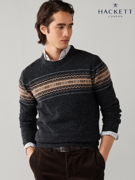 Grey - Regular Hackett Merino Wool Fairisle Crew Neck Jumper