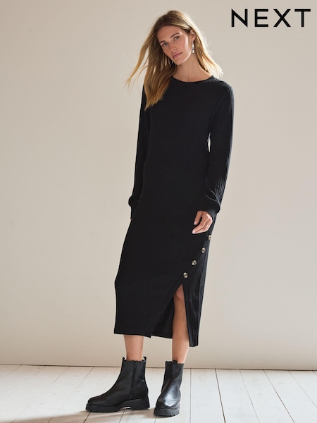 Black - Cosy Ribbed Button Detail Midi Dress (936223) | €8