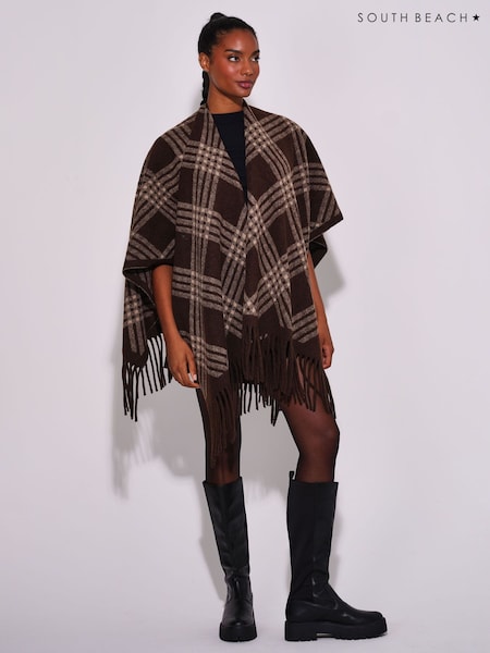 Brūna krāsa - South Beach Check Fringe Shawl