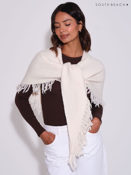 Cream - South Beach Knitted Fringe Triangle Scarf Shawl