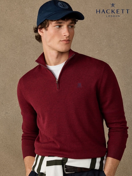 Red - Regular Hackett Cotton Branded Quarter Zip Jumper