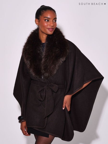 Brown - South Beach Faux Fur Collar Belted Wrap Scarves