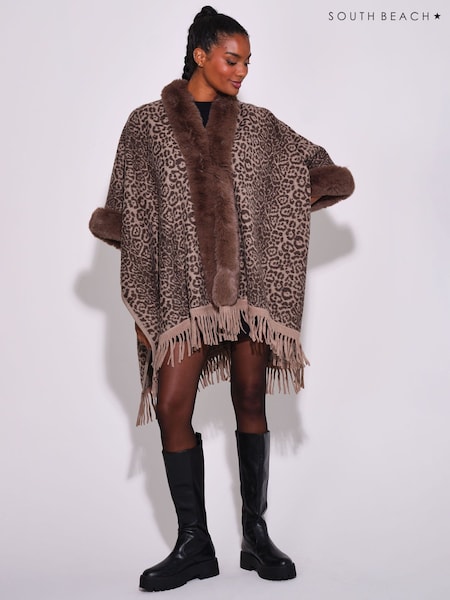 Animal - South Beach Faux Fur Trim With Fringe Shawl