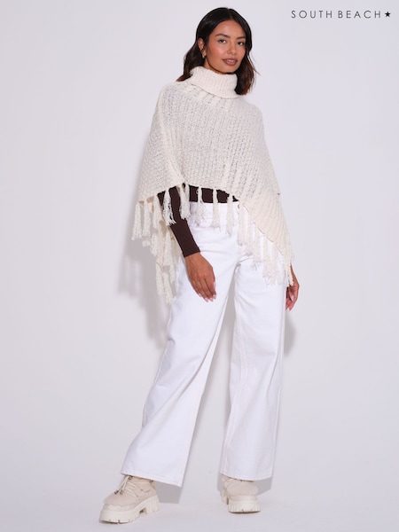 Cream - South Beach Funnel Neck Knitted Fringe Poncho