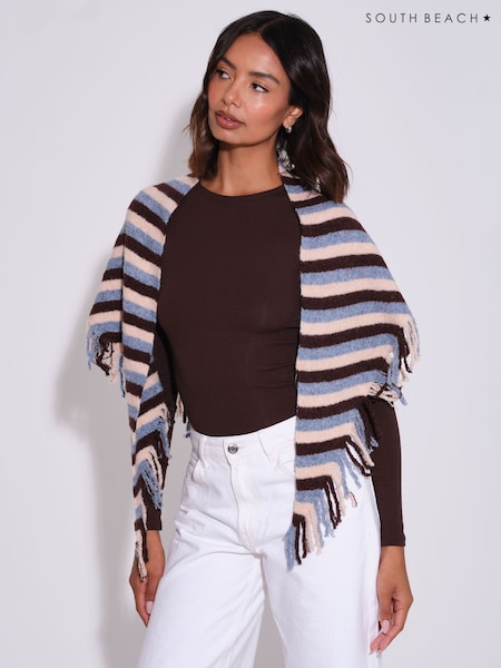 Brown - South Beach Knitted Fringe Triangle Scarf Shawl