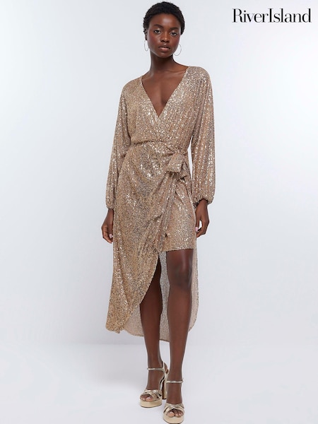 River Island Gold Sequin Kimono wrap Midi Dress (936596) | €20