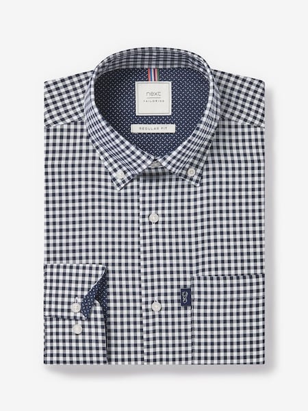 Granatowy/biały w kratę gingham - Regularny - Regular Fit Easy Iron Long Sleeve Single Cuff Oxford Shirt (937034) | 67 zł