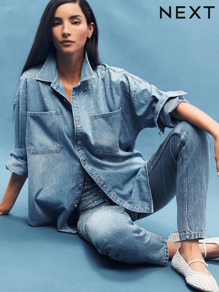 Mid Blue Embellished Oversized Denim 100% Cotton Shirt (937038) | €9