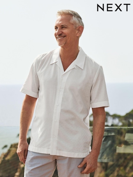 White Diamond Jacquard Short Sleeve Shirt With Cuban Collar (937290) | €12