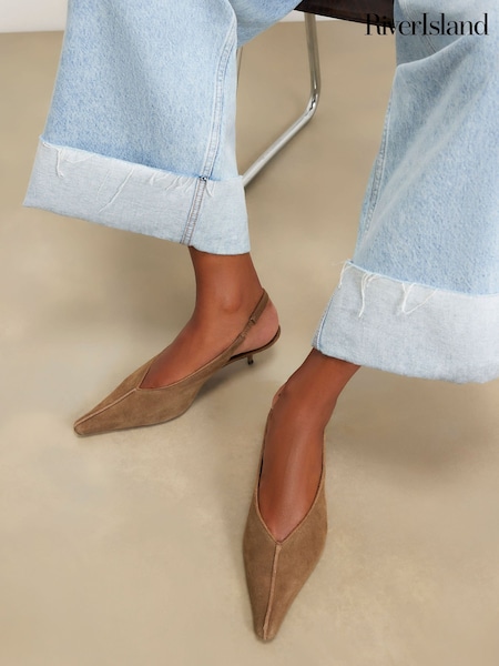 Brown - River Island Suede Slingback Kitten Heels