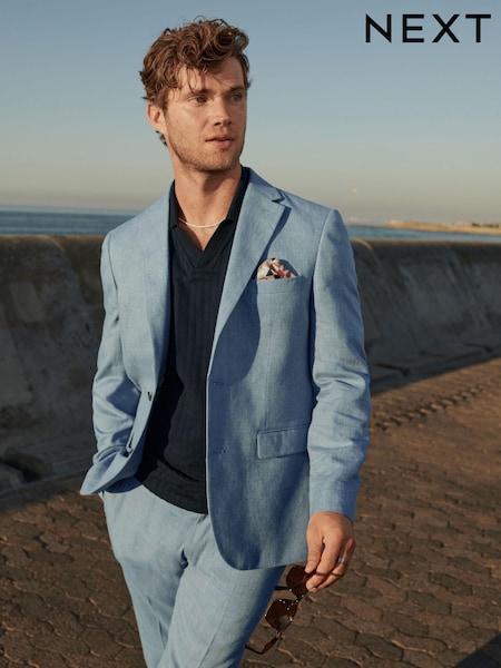 Light Blue Linen Blend Tailored Fit Suit Jacket (937831) | AED194
