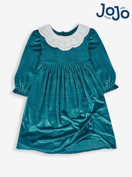 JoJo Maman Bébé Teal Girls' Velour Party Dress With Scallop Collar (938487) | $51