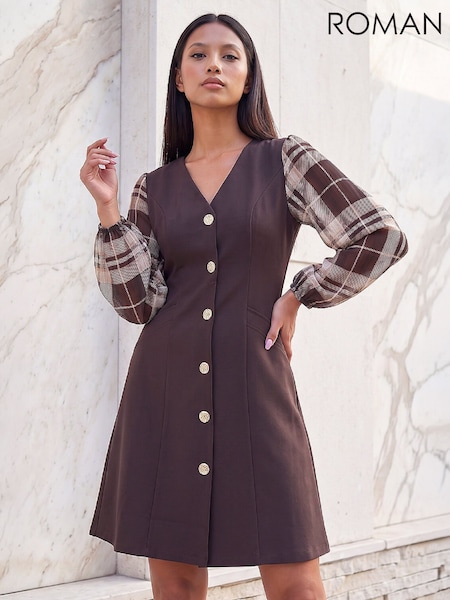 Brown - Roman Petite Button Dress