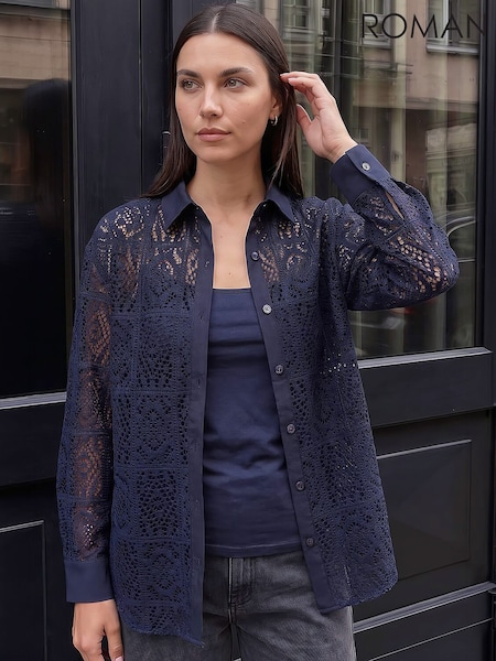 Blue - Roman Lace Button Through Collared Shirt