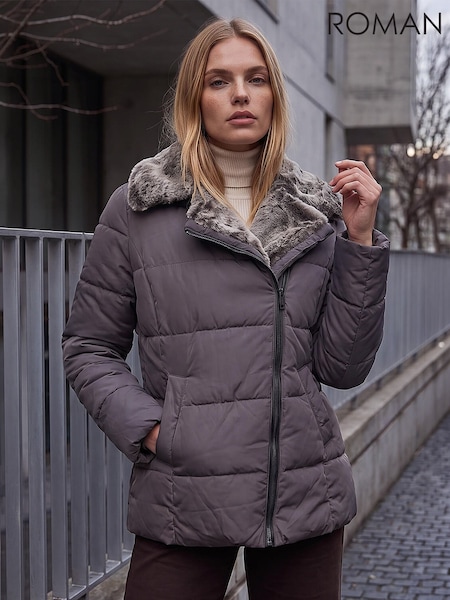 Brun - Roman Manteau capitonné avec col en fausse fourrure