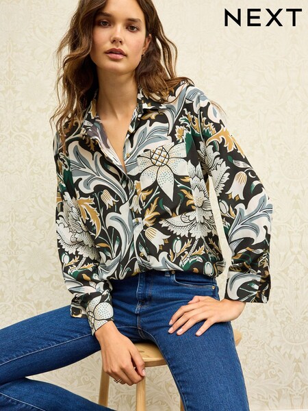 Morris & Co. Severne Floral Black & White Print Textured Long Sleeve Shirt with Pocket (940303) | €7