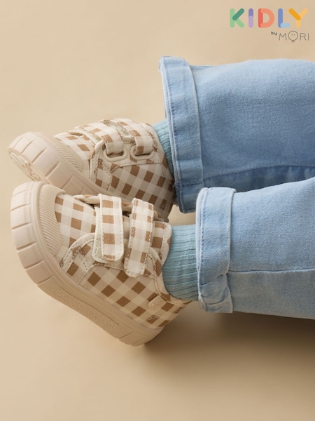 Brown - Kidly By Mori Blrown Check Cotton Canvas Trainers With Easy Adjust Straps