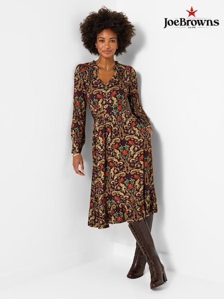 Brown - Joe Browns Elegant Leaves Long Sleeve Jersey Midi Dress
