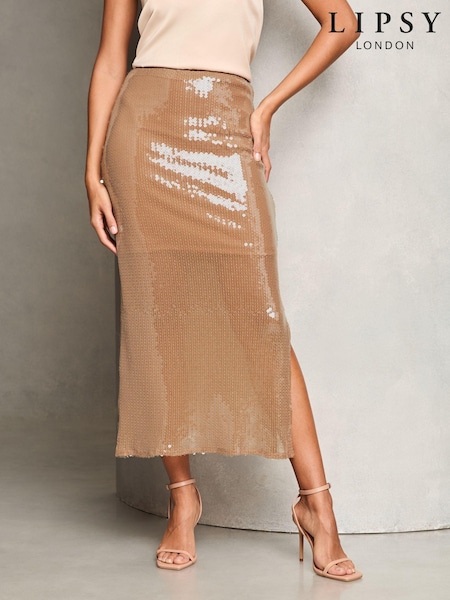 Lipsy Gold Petite Sequin Column Midi Skirt (943009) | €31