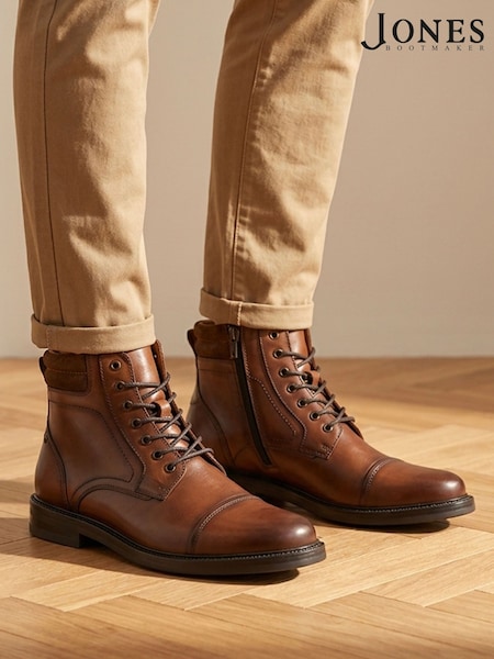 חום בהיר - Regular Jones Bootmaker Eugene Leather Lace-up Boots With Padded Cuff