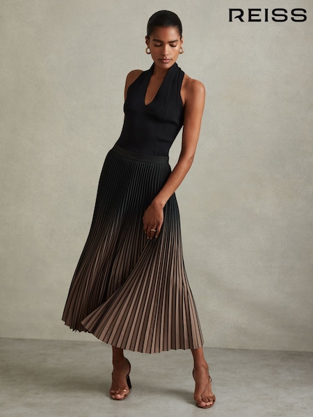 Reiss Black/Taupe Marlie Ombre Pleated Midi Skirt (943715) | €112