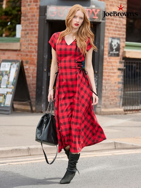 Red - Joe Browns Trixie Check Lace Up Side Maxi Dress