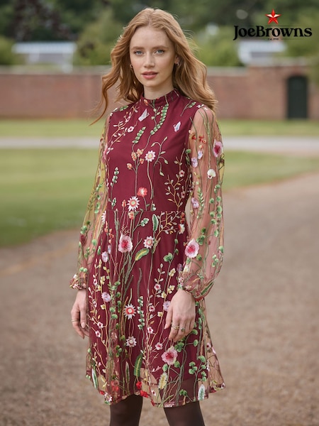 Red - Joe Browns Ellie Floral Embroidered Long Sleeve Dress