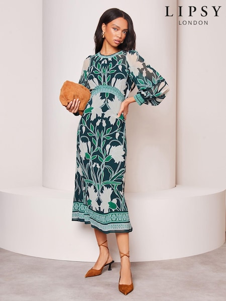 Lipsy Green Placement Print Long Sleeve Midi Dress (944426) | € 43